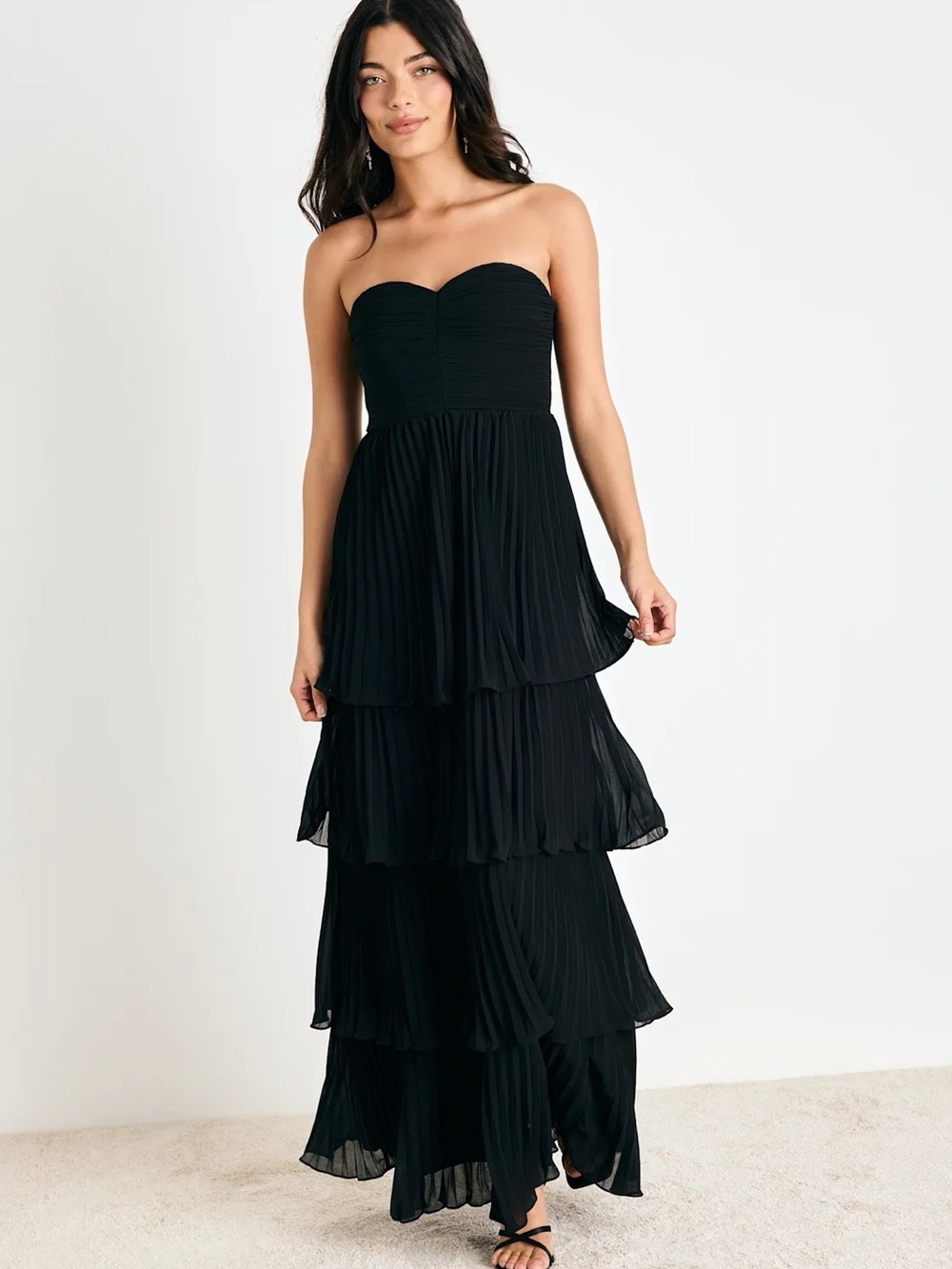 Lulu’s Seriously Sensational Black Strapless Tiered Maxi Dress- Size XS